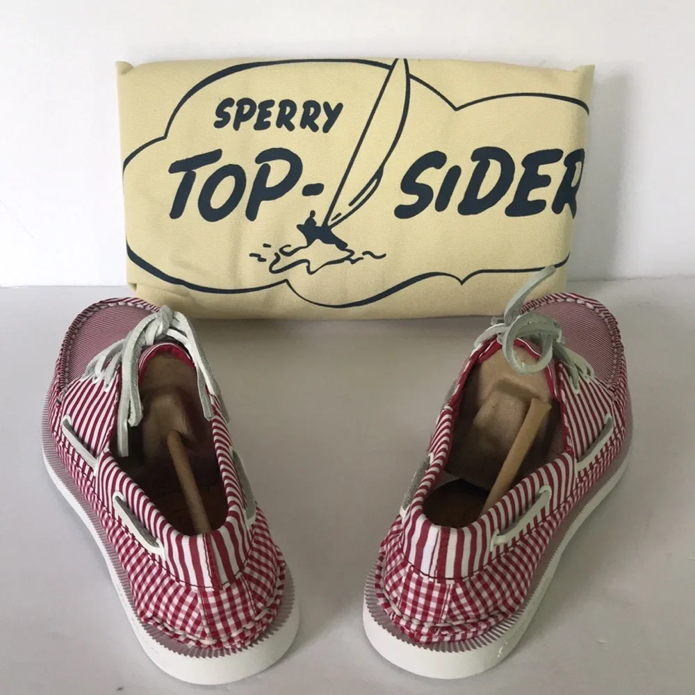 Sperry Leather 3-Eye Boat Shoe Red Gingham 7.5